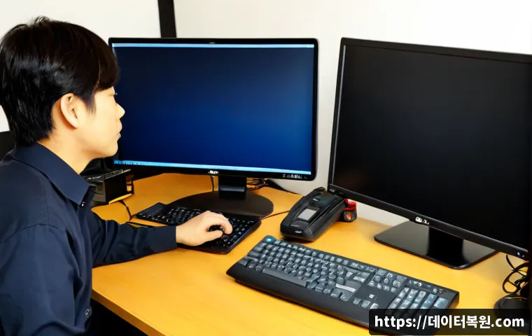 능곡동 STATUS_KERNEL_POWER_FAILURE - Photorealistic IT support workstation in a compact Korean apartment office, desktop tower with a sub...