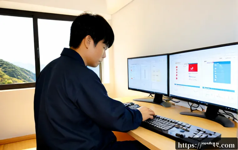 은천동 STATUS_MODULE_ACCESS_DENIED - Photorealistic IT support workstation in a compact Korean apartment-office near a hillside neighborh...