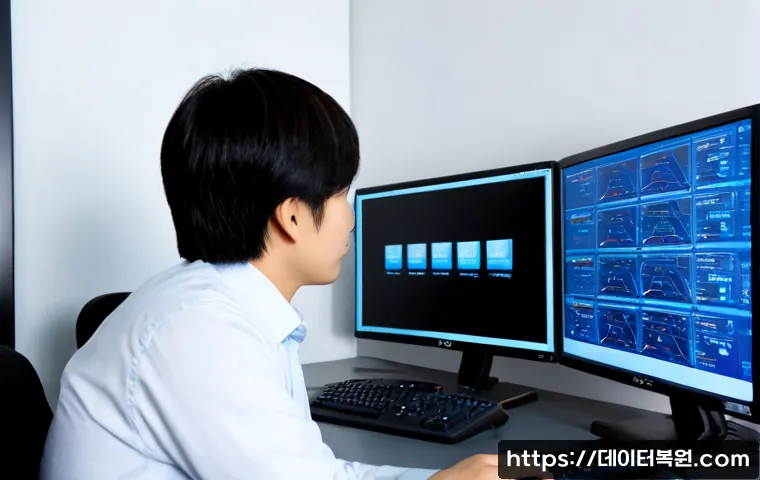 중앙동 STATUS_NETWORK_ACCESS_DENIED - Photorealistic IT support workstation in a compact downtown business office, dual monitors showing a...