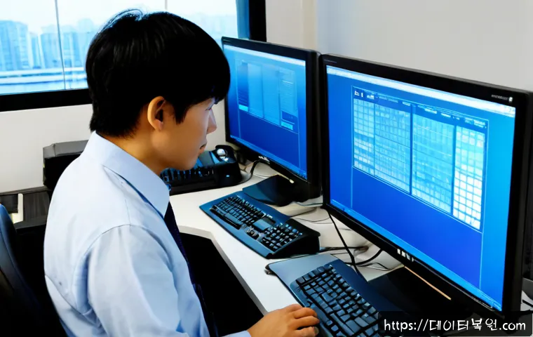 신당동 IRQL_NOT_LESS_OR_EQUAL - Photorealistic IT support workstation in a compact Sindang-dong office, dual monitors showing a clea...