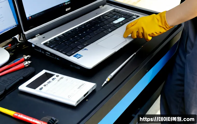 대조동 맥북프로 판매 및 수리 - Photorealistic laptop repair bench in a compact Eunpyeong neighborhood electronics shop, unbranded a...