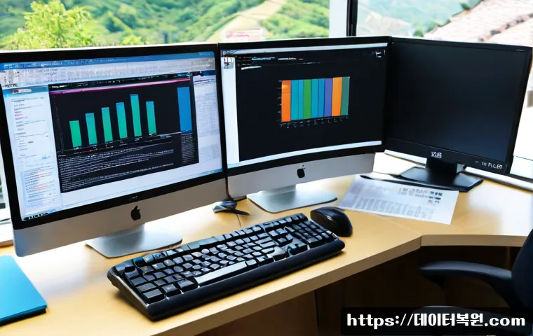 성북구 POOL_HEADER_CORRUPTION - Photorealistic IT support workstation in a compact Seongbuk-gu office, dual monitors showing a gener...