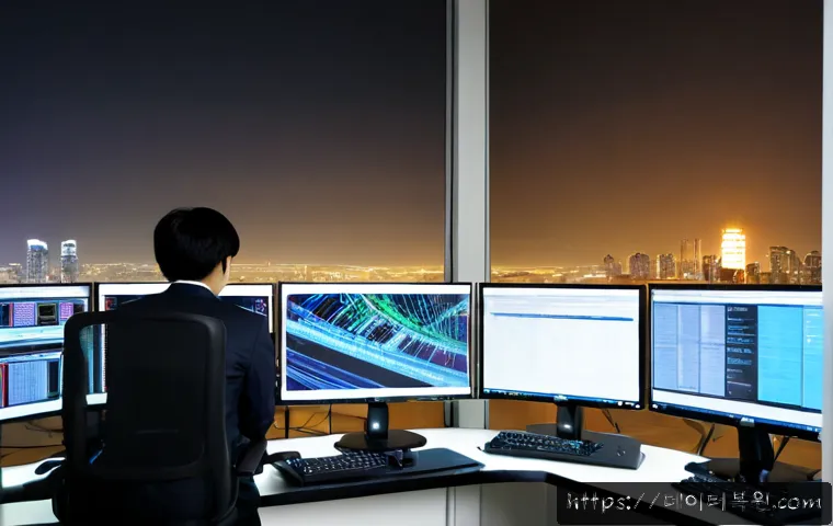 공덕동 STATUS_STACK_UNDERFLOW - Photorealistic remote IT support workstation in a modern Gongdeok office tower, dual monitors showin...