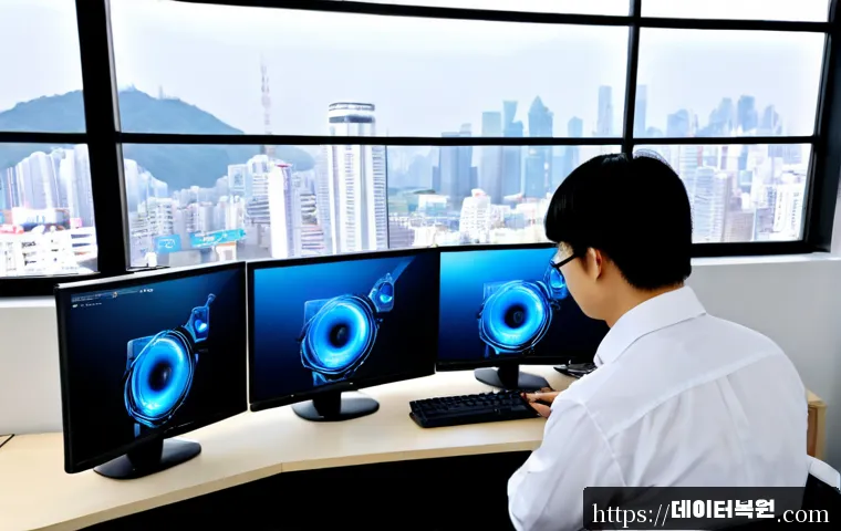 용산구 CLOCK_WATCHDOG_TIMEOUT - Photorealistic remote-support workstation in Yongsan, dual monitors showing a frozen blue error-like...