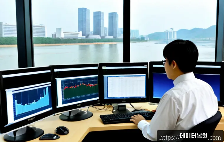 여의도 PFN_LIST_CORRUPT - Photorealistic financial software support workstation in a Yeouido-style high-rise office, dual moni...