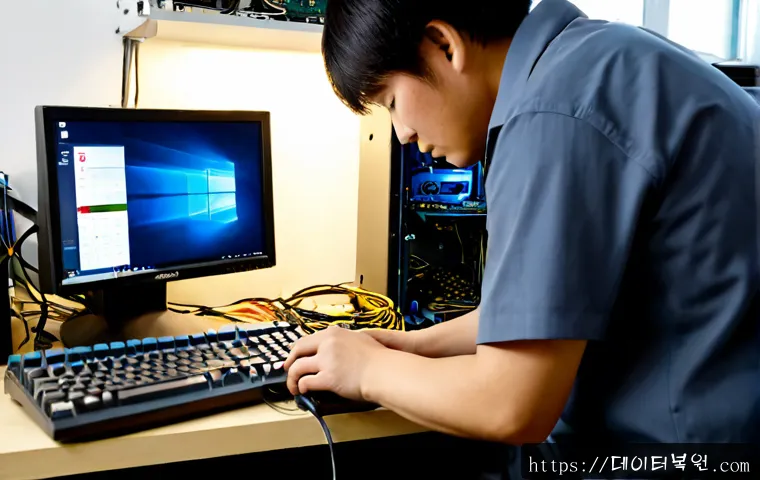 마포구 파워조립 및 교체수리 - Photorealistic electronics repair bench in a compact Mapo-gu computer workshop, technician installin...