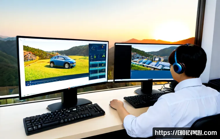 회현동 STATUS_RESOURCE_NOT_OWNED - Photorealistic remote IT support workstation in a compact Hoehyeon-dong office, dual monitors showin...