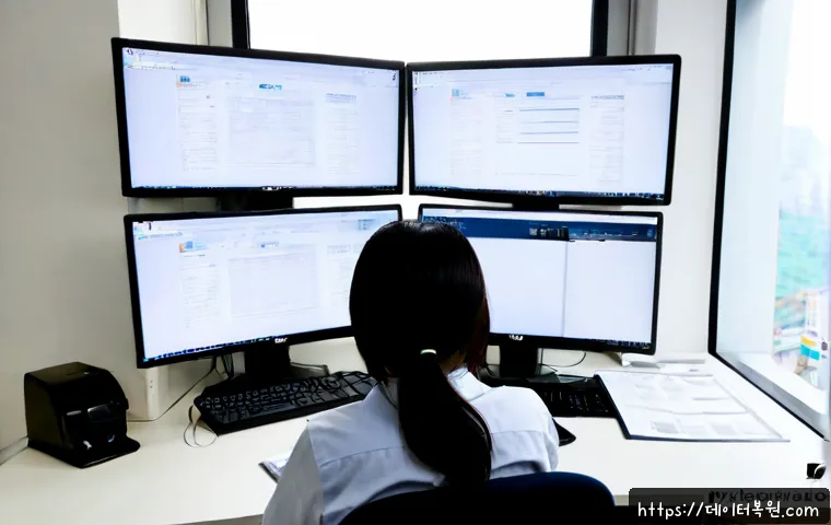 자양동 STATUS_INVALID_PAGE - Photorealistic IT support workstation in Jayang-dong, Seoul, dual monitors showing a blank geometric...