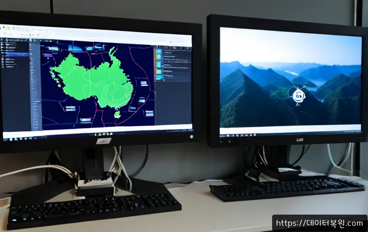 양화동 DEVICE_DRIVER_MISMATCH - Photorealistic IT support workstation in Yanghwa-dong, Seoul, dual monitors showing a clean abstract...