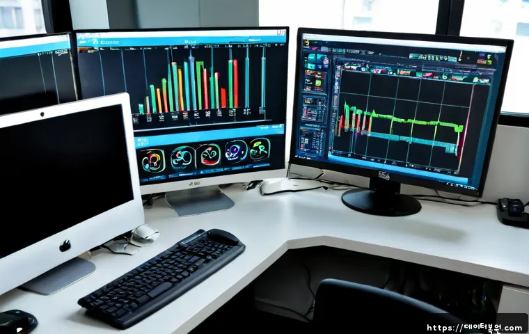 무학동 WHEA_UNCORRECTABLE_ERROR - Photorealistic IT support workstation in a compact Mugyo-dong office, dual monitors showing abstract...