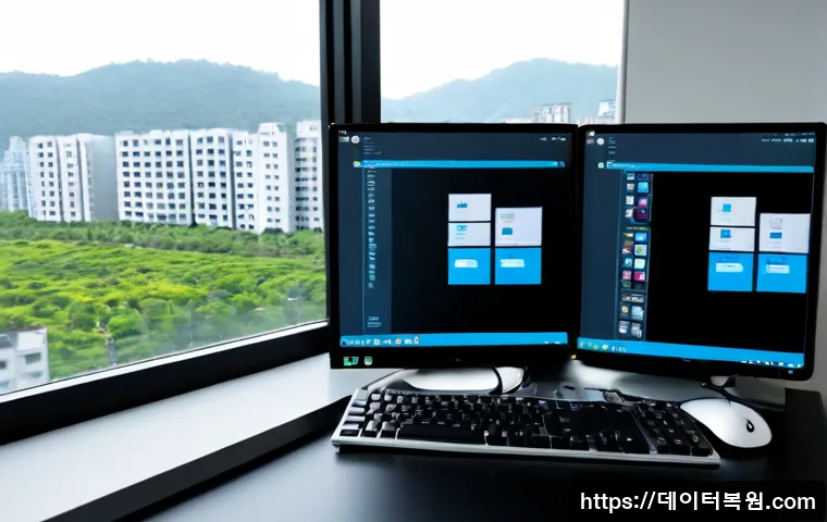 사리현동 STATUS_DISK_NOT_INITIALIZED - Photorealistic IT support workstation in a compact modern office, dual monitors showing a clean gene...