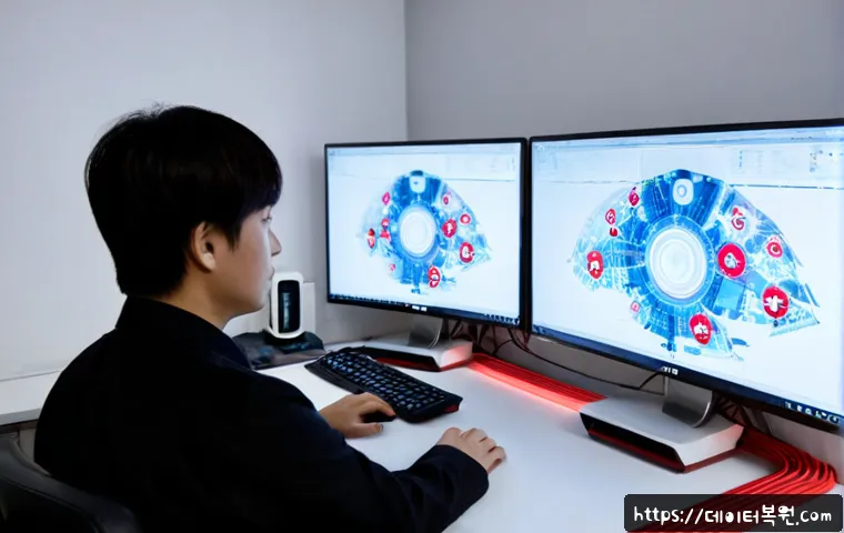 율현동 STATUS_STACK_BUFFER_OVERRUN - Photorealistic IT support workstation in a modern Korean apartment office, dual monitors showing a f...