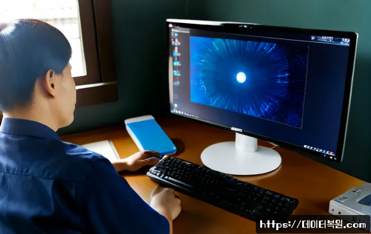 교북동 WIN32K_POWER_WATCHDOG_TIMEOUT - Photorealistic IT support workstation in a quiet Korean neighborhood office near Gyobuk-dong, dual m...