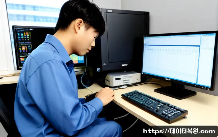 대화동 STATUS_RESOURCE_NOT_OWNED - Photorealistic IT support workstation in Daehwa-dong, Goyang, dual monitors showing a clean abstract...