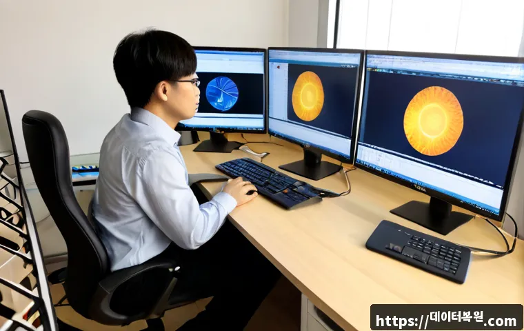 관훈동 STATUS_IO_ERROR - Photorealistic IT support workstation in a compact Jongno office, dual monitors showing a clean abst...