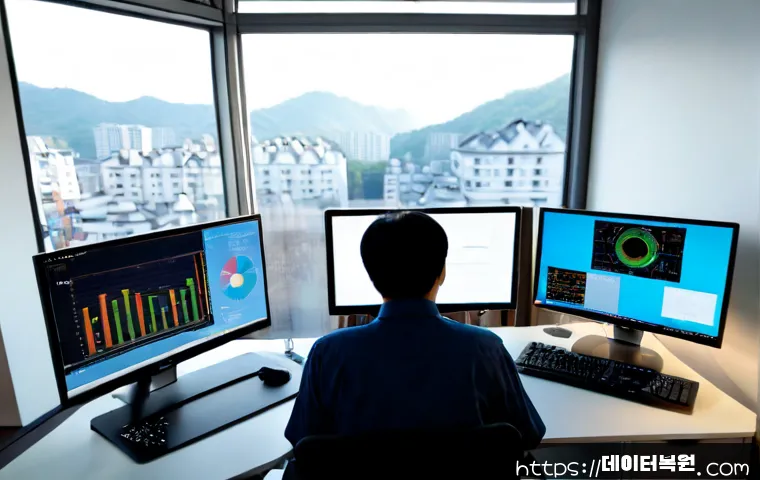 산황동 VIDEO_MEMORY_MANAGEMENT_INTERNAL - Photorealistic IT support workstation in a quiet Korean residential district office, dual monitors s...