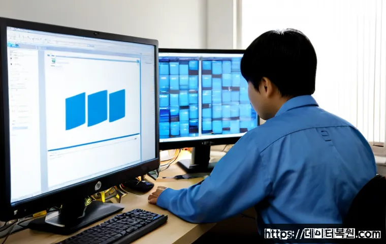 산림동 FAT32_FILE_SYSTEM - Photorealistic IT repair workstation in a compact Seoul neighborhood office, technician examining a ...