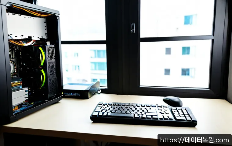 장위동 VGA조립 및 교체수리 - Photorealistic PC repair workstation in a compact Jangwi-dong apartment office, technician carefully...