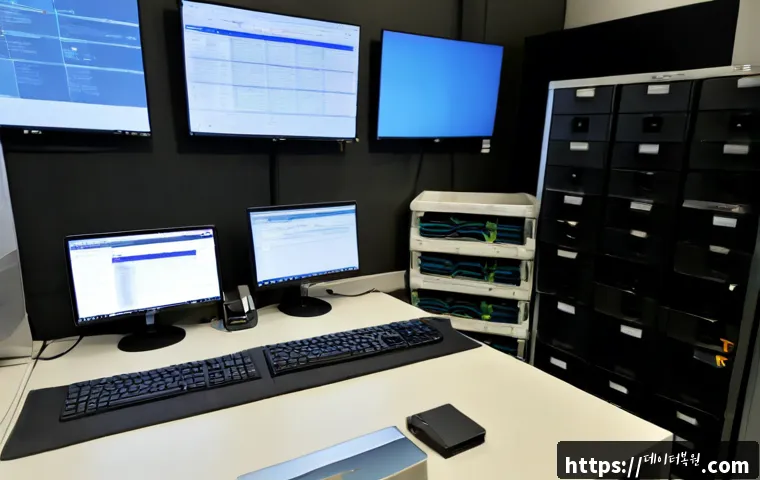 마장동 POOL_CORRUPTION_IN_FILE_AREA - Photorealistic IT recovery workstation in a compact Seoul wholesale-market office, dual monitors sho...