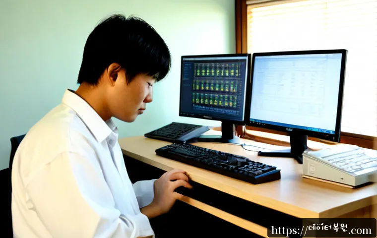 사간동 POOL_HEADER_CORRUPTION - Photorealistic computer repair workstation in a quiet Sagandong office studio, technician inspecting...