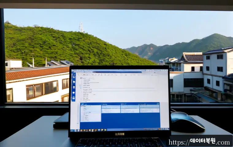 창성동 STATUS_FILE_READ_FAILURE - Photorealistic remote-support workstation in a compact Changseong-dong hillside studio, dual monitor...