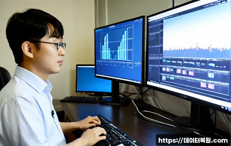 노원구 HARDWARE_INTERRUPT_STORM - Photorealistic IT support workstation in Nowon-gu, Seoul, dual monitors showing abstract system diag...