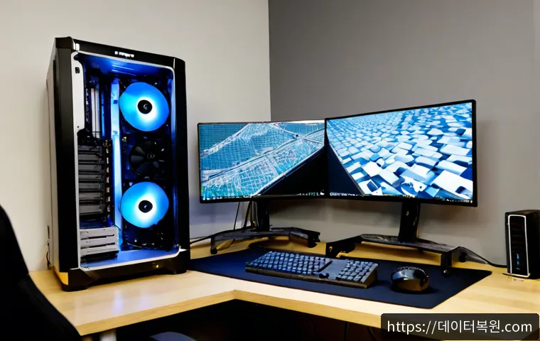 대신동 오버클럭 뚜따 - Photorealistic remote PC support workstation in Daesin-dong, open desktop tower beside a precision C...