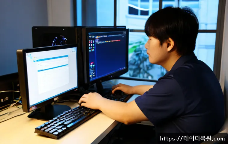 인현동 STATUS_KERNEL_DEBUG_FAILURE - Photorealistic IT support workstation in Inhyeon-dong, Seoul, a desktop monitor showing a blank coba...