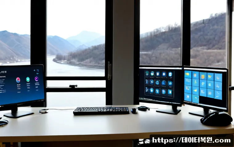 응봉동 STATUS_SYSTEM_PROCESS_TERMINATED - Photorealistic IT support workstation in Eungbong-dong, dual monitors showing a blank frozen desktop...