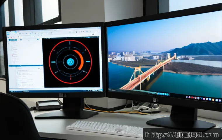 구의동 STATUS_INSTRUCTION_FAILED - Photorealistic IT support workstation in a modern Gwangjin-gu office, dual monitors showing a clean ...