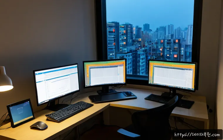 수하동 STATUS_FLOAT_INEXACT_RESULT - Photorealistic remote-support workstation in a compact Suha-dong office, dual monitors showing a cle...