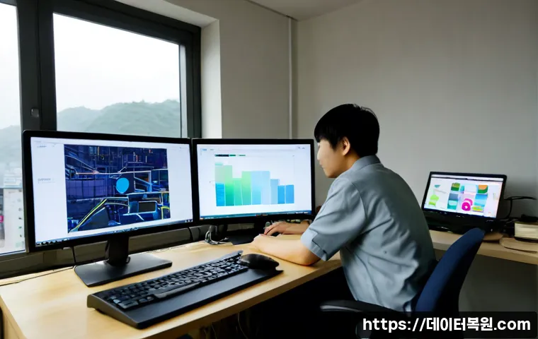 아현동 STATUS_MODULE_CORRUPTION - Photorealistic IT support workstation in a compact hillside apartment office, dual monitors showing ...