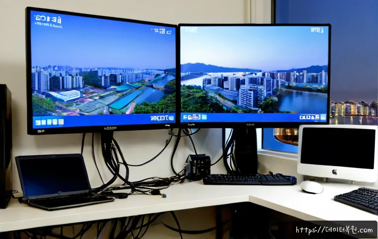 광진구 STATUS_KERNEL_INIT_FAILURE - Photorealistic IT support workstation in Gwangjin district, dual monitors showing a blank cobalt sys...