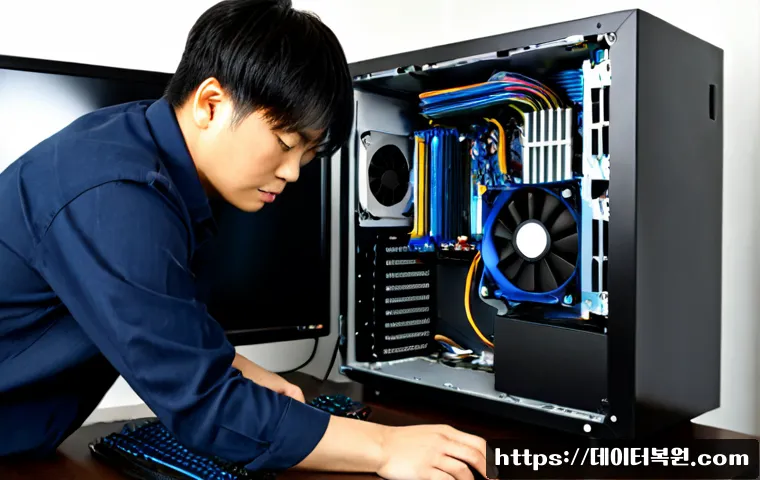 청구동 쿨러조립 및 교체수리 - Photorealistic desktop PC repair workstation in a compact hillside apartment office, technician inst...