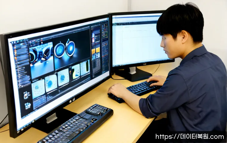 대화동 POOL_CORRUPTION_IN_FILE_AREA - Photorealistic IT support workstation in a contemporary Daehwa-dong office, dual monitors showing a ...