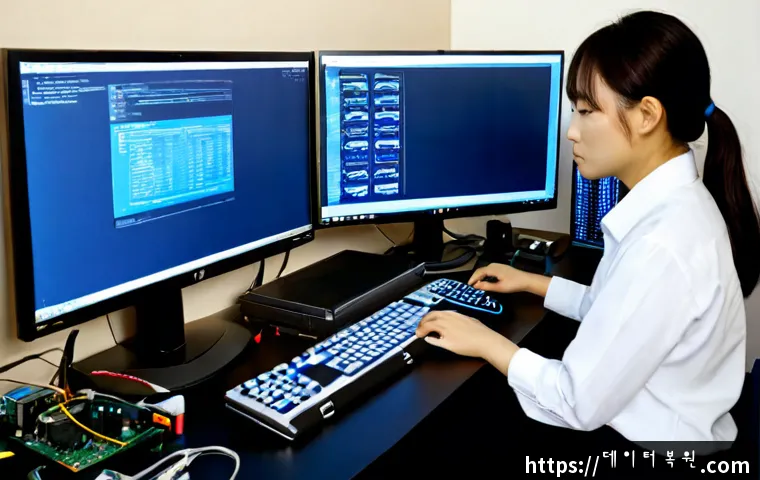 사직동 STATUS_KERNEL_DEVICE_ERROR - Photorealistic computer repair workstation in a quiet hillside neighborhood office, technician exami...