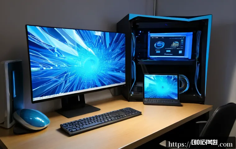 서린동 DRIVER_CAUSED_SYSTEM_CRASH - Photorealistic IT support workstation in a compact Seorin-dong office, dual monitors frozen with abs...
