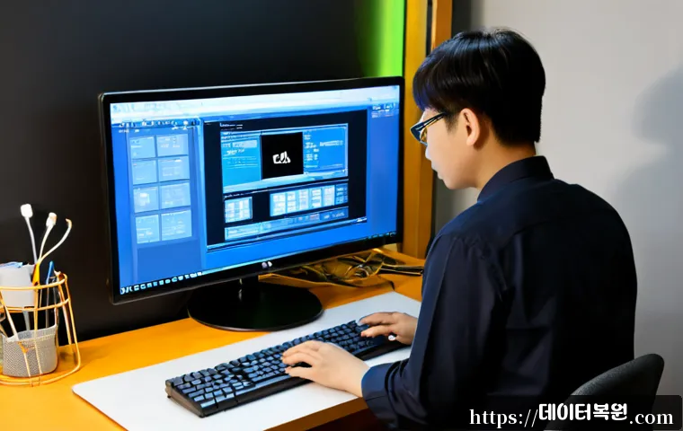 구산동 STATUS_DISK_WRITE_FAILURE - Photorealistic IT support workstation in a compact Gusan-dong office, desktop tower opened beside a ...