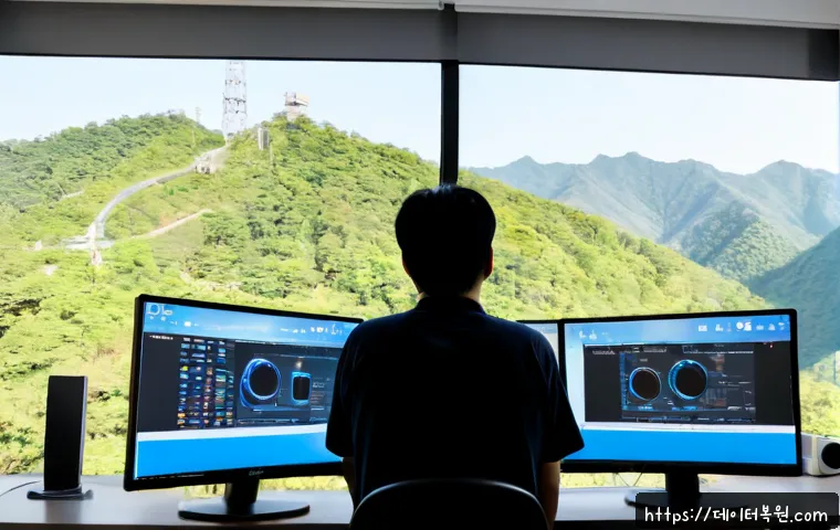 강북구 SYSTEM_SERVICE_EXCEPTION - Photorealistic IT support workstation in a compact Gangbuk-gu office, dual monitors showing a blank ...