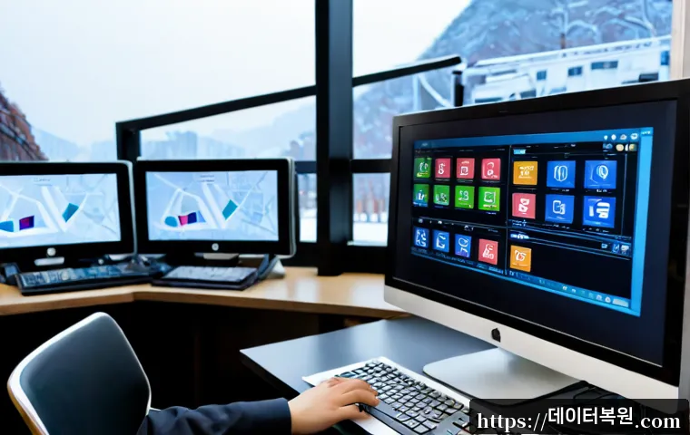 와룡동 STATUS_INVALID_CALLER - Photorealistic remote-support workstation in a compact Wangnyong-dong office, dual monitors showing ...