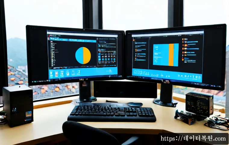 행촌동 IRQL_NOT_LESS_OR_EQUAL - Photorealistic IT support workstation in a compact hillside neighborhood office, dual monitors showi...
