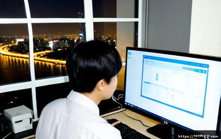 잠원동 STATUS_PAGEFILE_MISSING - Photorealistic IT support workstation in Jamwon-dong, Seoul, dual monitors showing a generic operati...