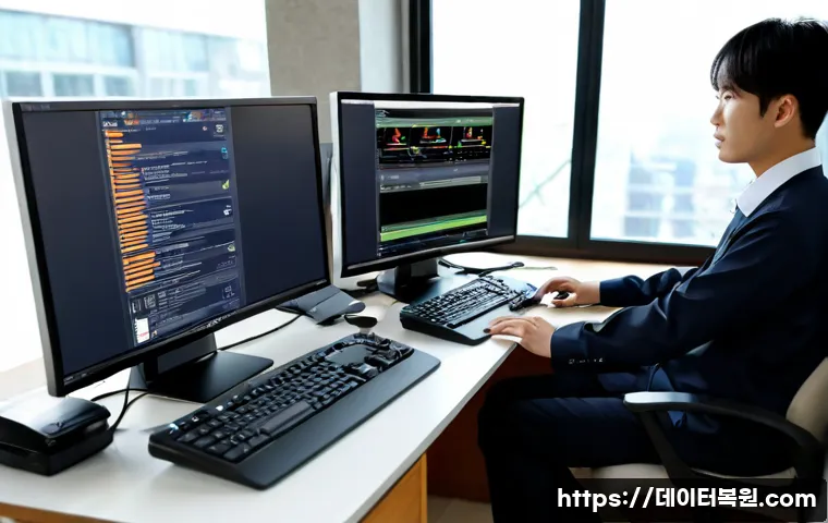 필운동 STATUS_KERNEL_PERMISSION_DENIED - Photorealistic remote-support workstation in Pilun-dong, Seoul, dual monitors displaying an abstract...