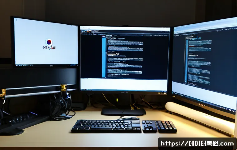 신문로 IO1_INITIALIZATION_FAILED - Photorealistic IT support workstation in a quiet Seoul office near a historic boulevard, dual monito...