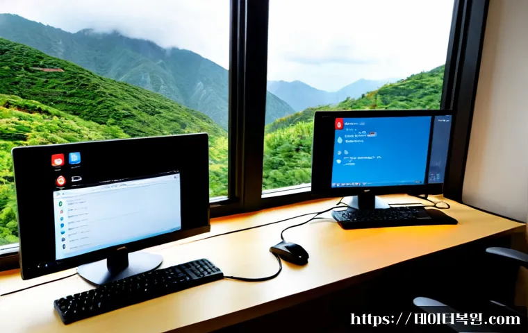 부암동 STATUS_NETWORK_ACCESS_DENIED - Photorealistic remote IT support workstation in a quiet hillside Seoul apartment, dual monitors show...