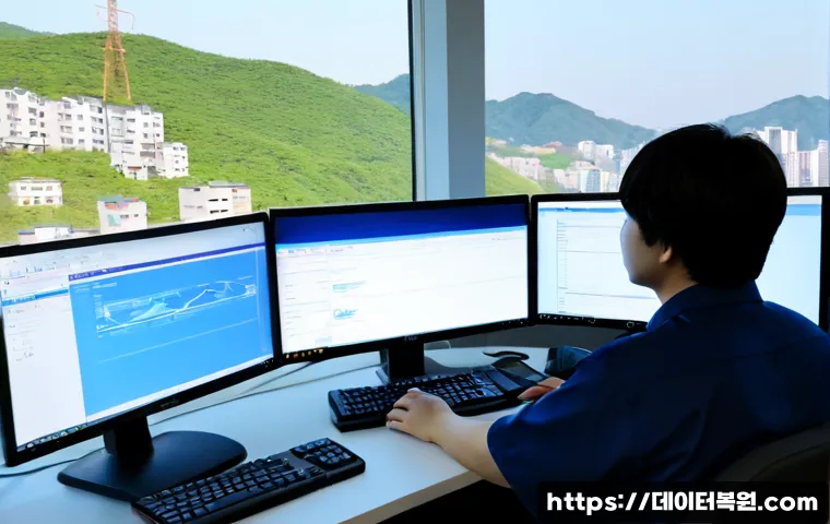 봉원동 NTFS_FILE_SYSTEM - Photorealistic IT support workstation in a compact Bongwon-dong hillside office, dual monitors showi...