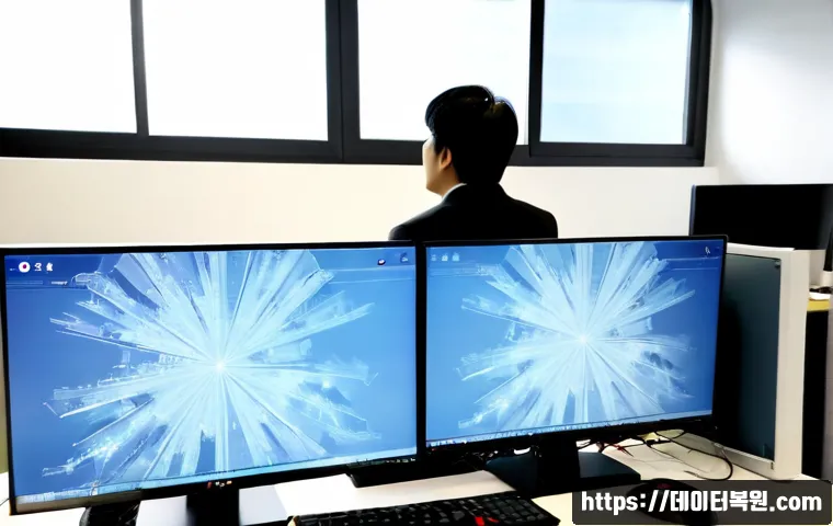 서초구 IO1_INITIALIZATION_FAILED - Photorealistic IT support workstation in a modern Seocho district office, dual monitors showing abst...