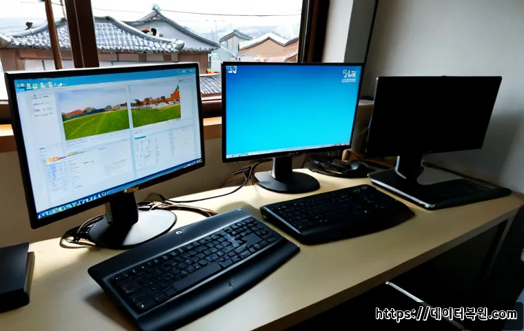 인수동 CDFS_FILE_SYSTEM - Photorealistic IT support workstation in a compact Insub-dong office, dual monitors showing abstract...