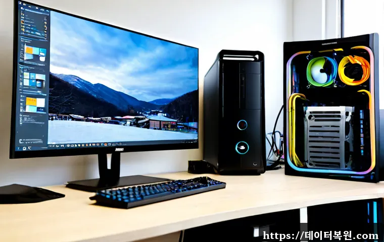 안암동 조립컴퓨터 pc 출장판매설치 - Photorealistic desktop computer installation in a compact modern apartment near a quiet hillside uni...