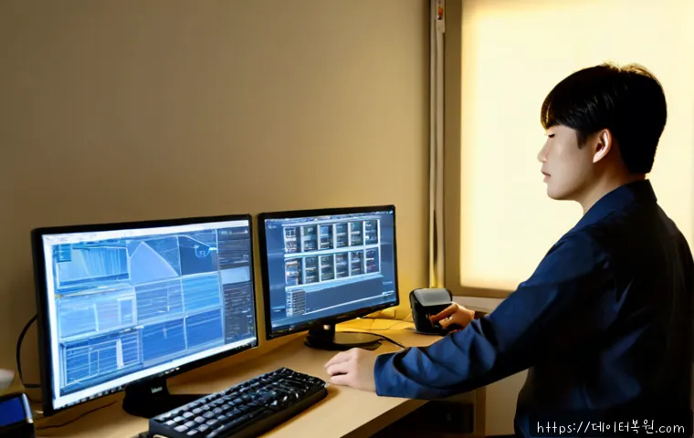 구산동 모니터화면 안나옴 - Photorealistic desktop support scene in a compact Gusan-dong apartment office, technician checking p...